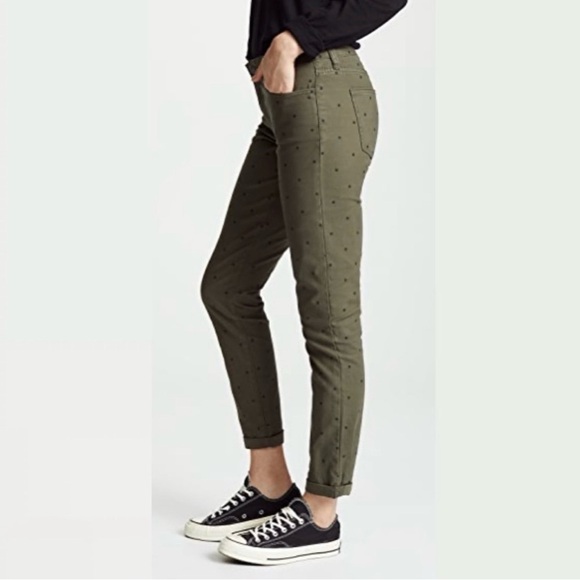 Current/Elliott The Easy Stiletto Rolled Hem Rural Green Polka Dot Jeans Size 23 - Picture 3 of 11